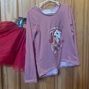 Btween Girls Size 5 Red Sparkle Unicorn Long Sleeve Top & Ruffle Skirt Set